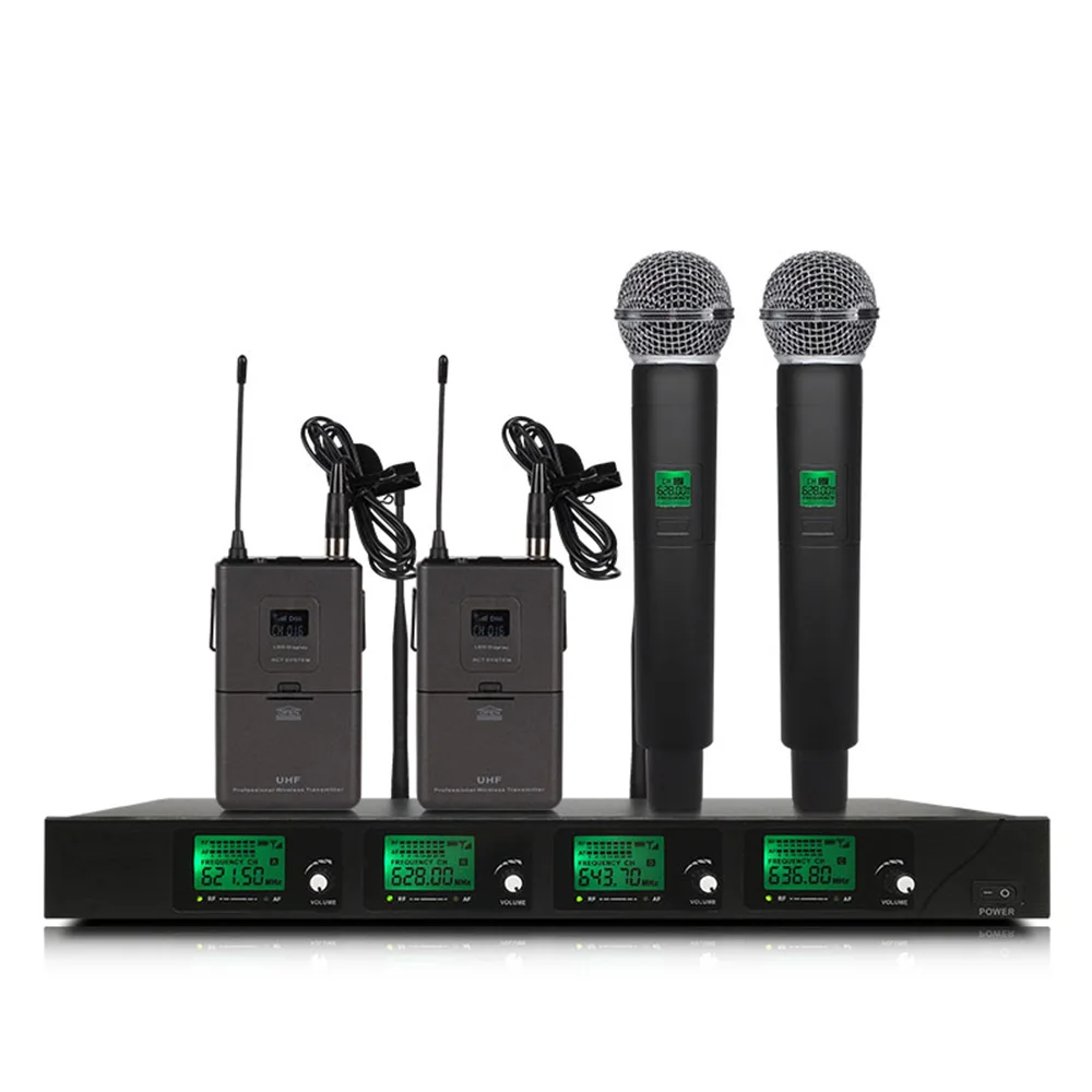 

UHF wireless microphone system, 2 lavaliers, 2 handheld microphones, suitable for stage church family gatherings, small karaoke