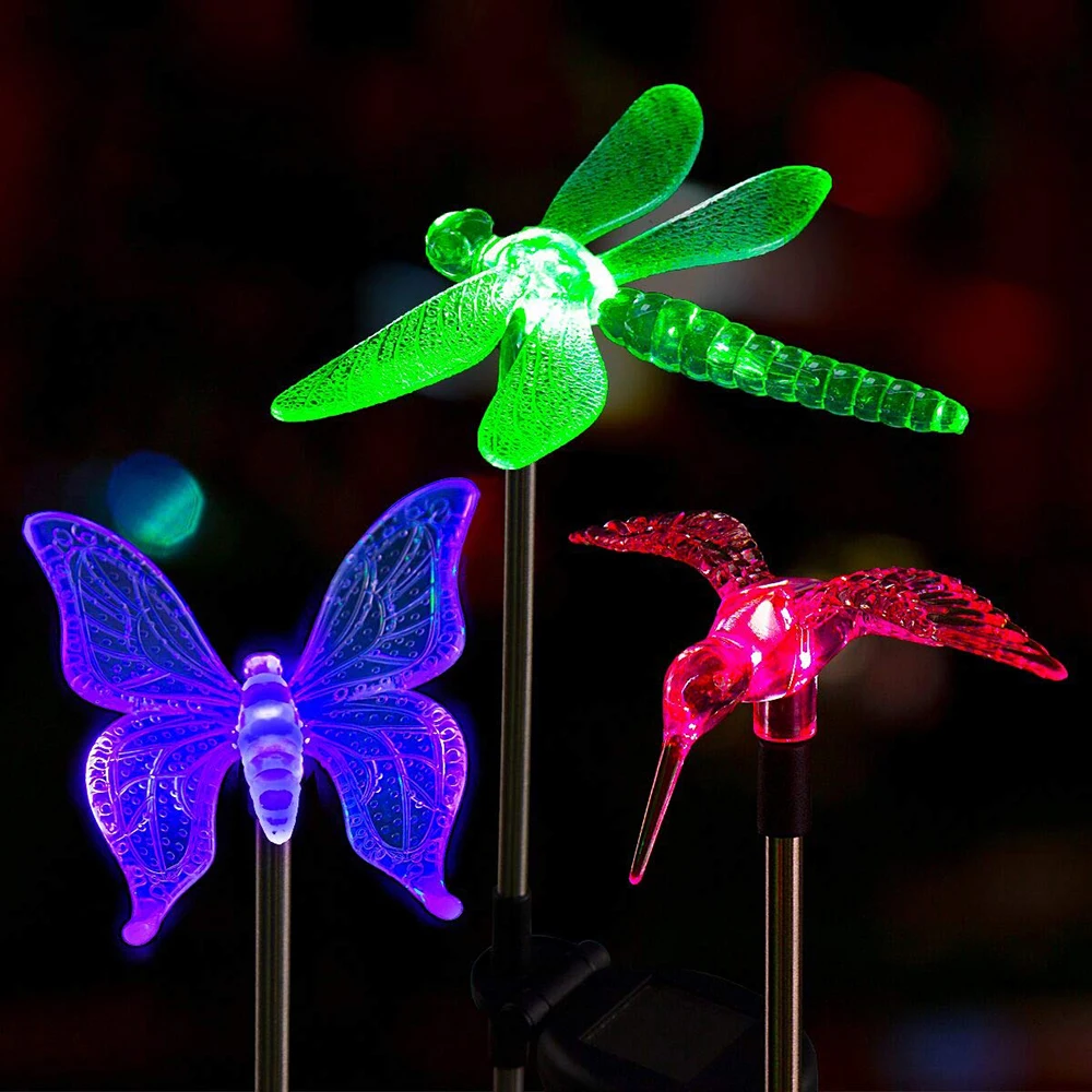 LED Solar Garden Lights Multi-Color Changing bird Butterfly Dragonfly Powered Pathway Lights Outdoor Landscape Path Lawn Lamp
