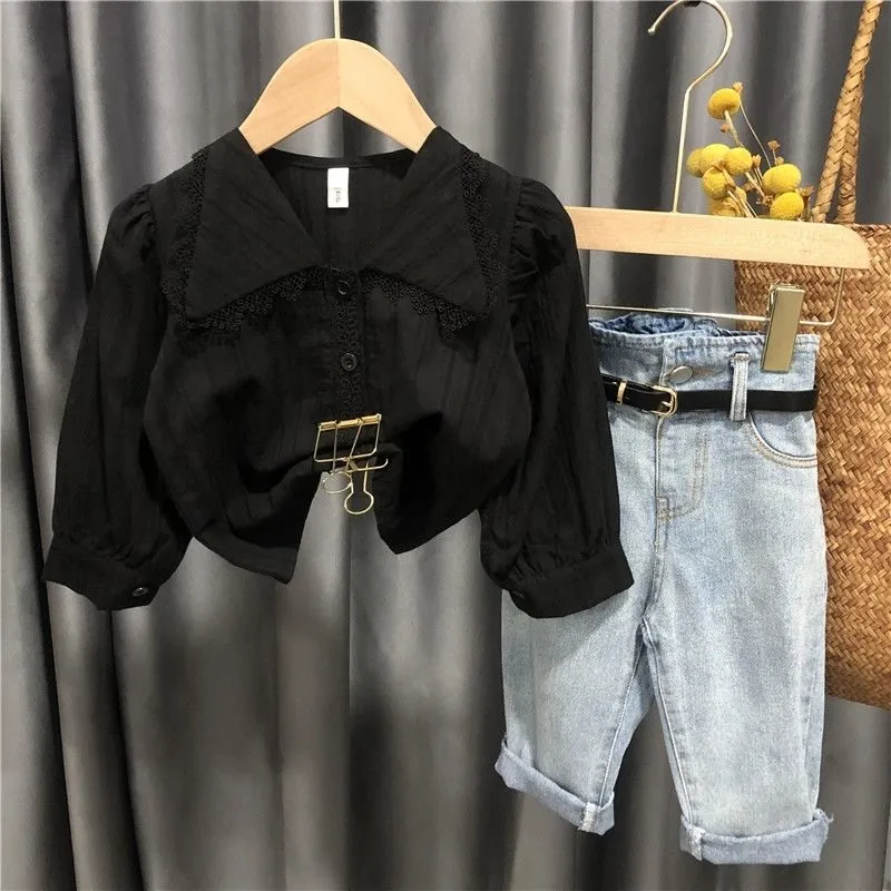 spring kids girls clothes suit children long sleeve shirt+high waist jeans+belt baby girl clothing set Girls lapel lace blouse