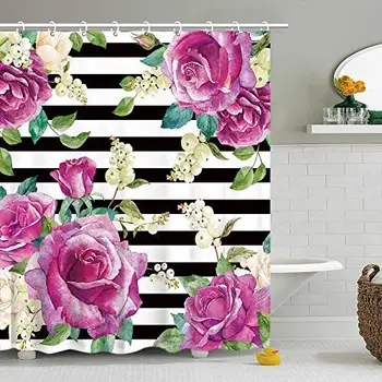 

Shower Curtains Black and White Stripes Watercolor Floral Tender Purple Rose Berries Snowflake with 12 Hooks Fabric Bath