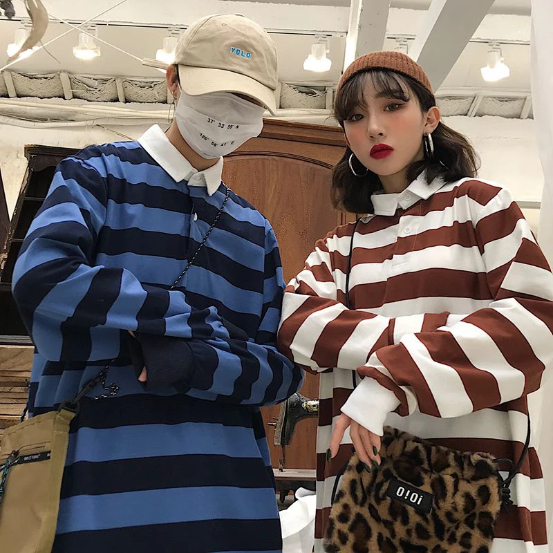 

Vintage Striped Print man t shirt High Quality Turn-down Collar short sleeve oversized 2019 fashion Couple women korean clothes