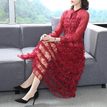 

Lace Dress Spring Autumn New Fashion Design Women Long Sleeve Velvet Bow Cascading Ruffles High Quality Midi Dress