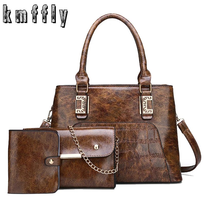 

2019 New 3-piece women bag luxury women handbags high quality pu Leather Large-capacity handbag + chain shoulder messenger bags + wallet women brand handbags tote bag