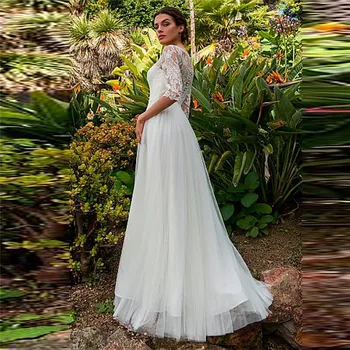 

Lace Top A-Line Wedding Dresses Spring Retro Simple Bridal Gowns Custom Made With Buttons Back Bride Wedding Gowns Fashionable