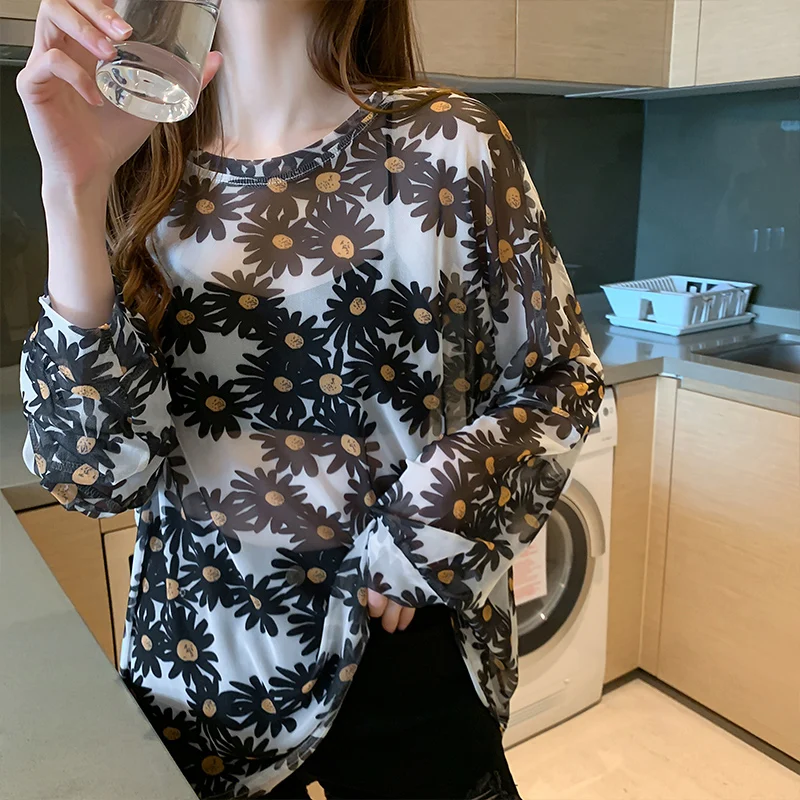 

Casual Women Mesh Black T-Shirts See Through Perspective Tshirt Sunflower Printed Transparent Long Sleeve T Shirt Tops Women