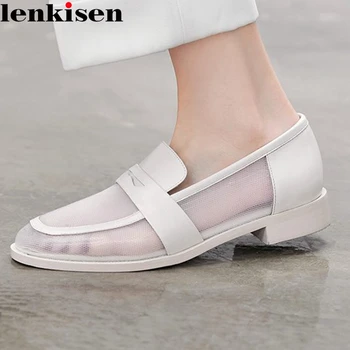 

Lenkisen british school air mesh breathable sunscreen mixed cloth round toe low square heels young lady slip on women pumps L11