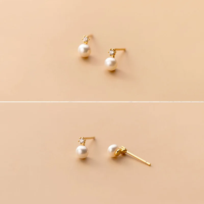 WANTME Genuine 925 Sterling Silver Geometric Zircon Pearl Mini Small Stud Earrings for Women Chic Charming Korean Jewelry 2021