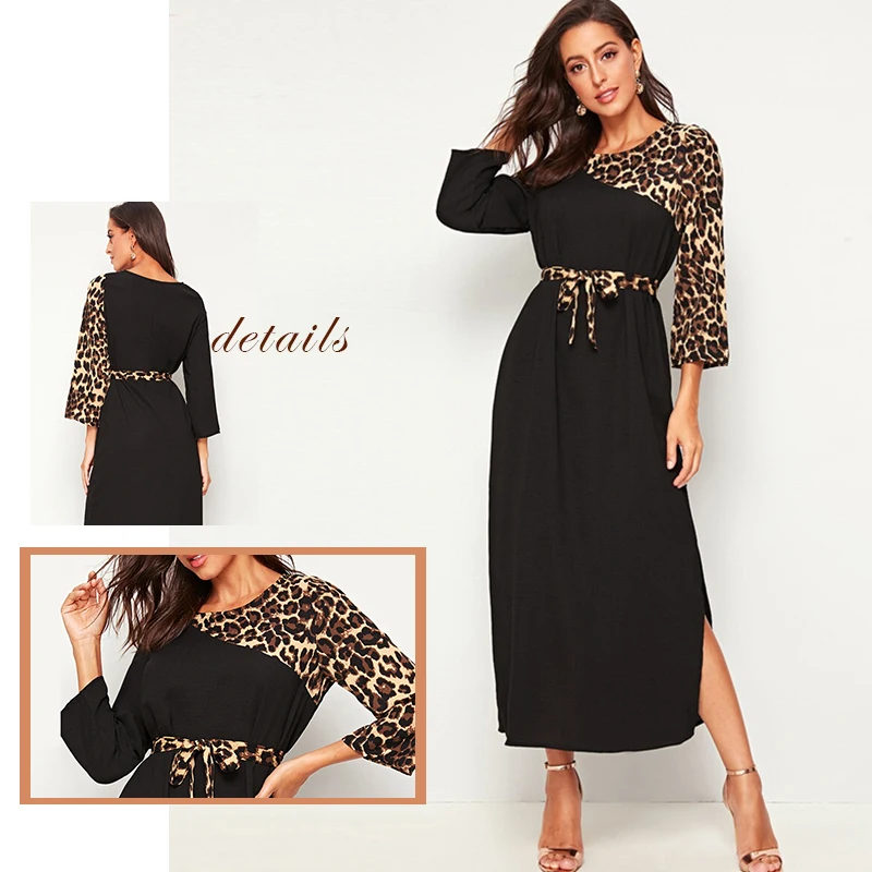 Sheinside Леопардовый принт пэтчворк прямое платье для женщин осень длинный рукав приталенные платья дамы с разрезом сбоку Макси платье