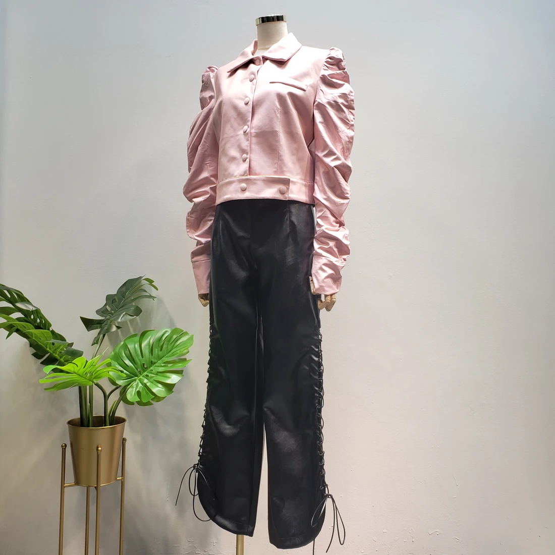 L77street Women High street Old Side slits with High waist Washed leather Pu Wide leg leather pants