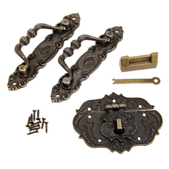 

4PCS Antique Bronze Jewelry Box Chinese Old Lock Box Latch Hasp Retro Furniture Cabinet Pull Handle Hardware Accessories