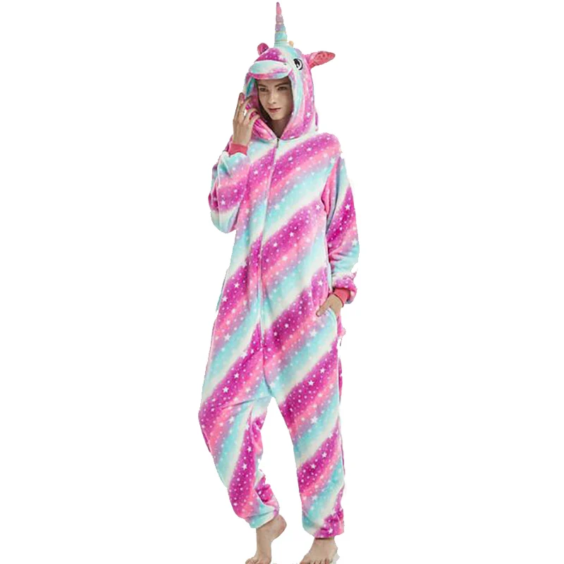 

Colorful Unicorn Onesie Stripe Pajama Kigurumi Adult Women Animal Cartoon Overall Zipper Hooded Winter Warm Outfit Sleepwear