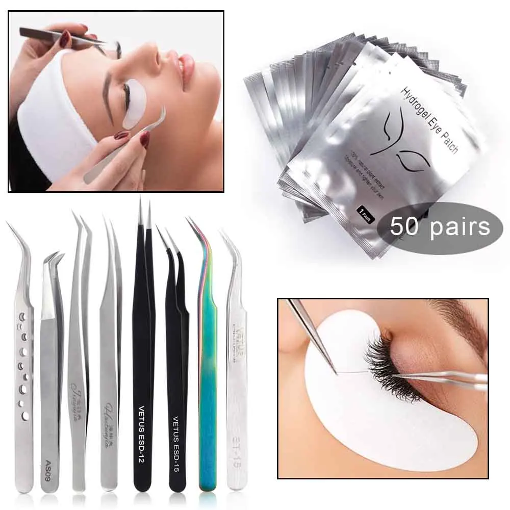 

1pcs VETUS 3D/6D Volume Stainless Steel Tweezers And 50pairs Eyelash Extension Eye Pads Pillow Disposable Patches Eyelash Makeup