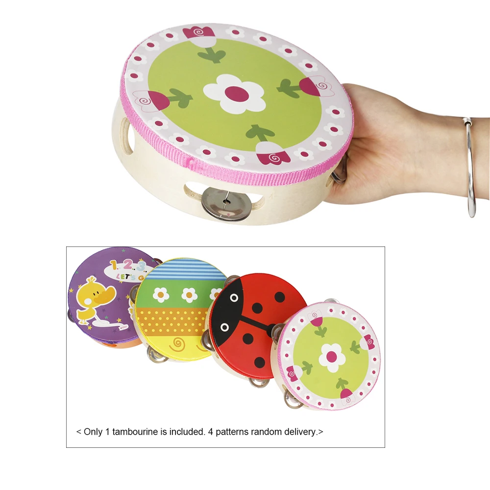 

6" Tambourine Handheld Drum Percussion Musical Toy with 4 sets Metal Jingles for Kids Party 4 Patterns Random Delivery