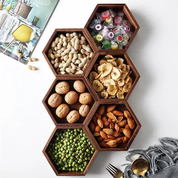 

Europe Style Wood Snack Plates Creative Hexagonal Candy Box Home Use Nuts Plate Multi-Layer Food Storage Box Eco-Friendly