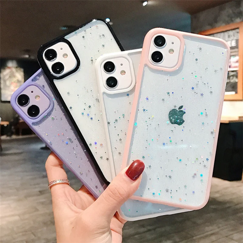 Phone-Case Shell Glitter Sequins Clear Shockproof Cute for 12 Mini 11-pro/Max-xs/Max/..