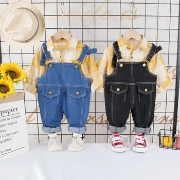 

Toddler Infant Baby Boys Overalls Sests 2020 Spring New Kids Boys Plaid Shirt+denim Overalls 2pcs Sets Girls Denim Overalls Suit