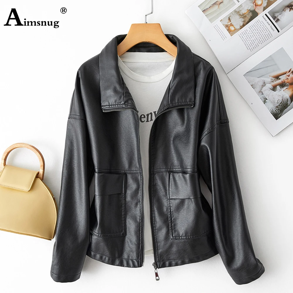 

Aimsnug Women Faux Pu Leather Jacket 2020 Autumn Black Elegant Outerwear Pockets Zipper Office Lady Coats Slim Casual Jackets
