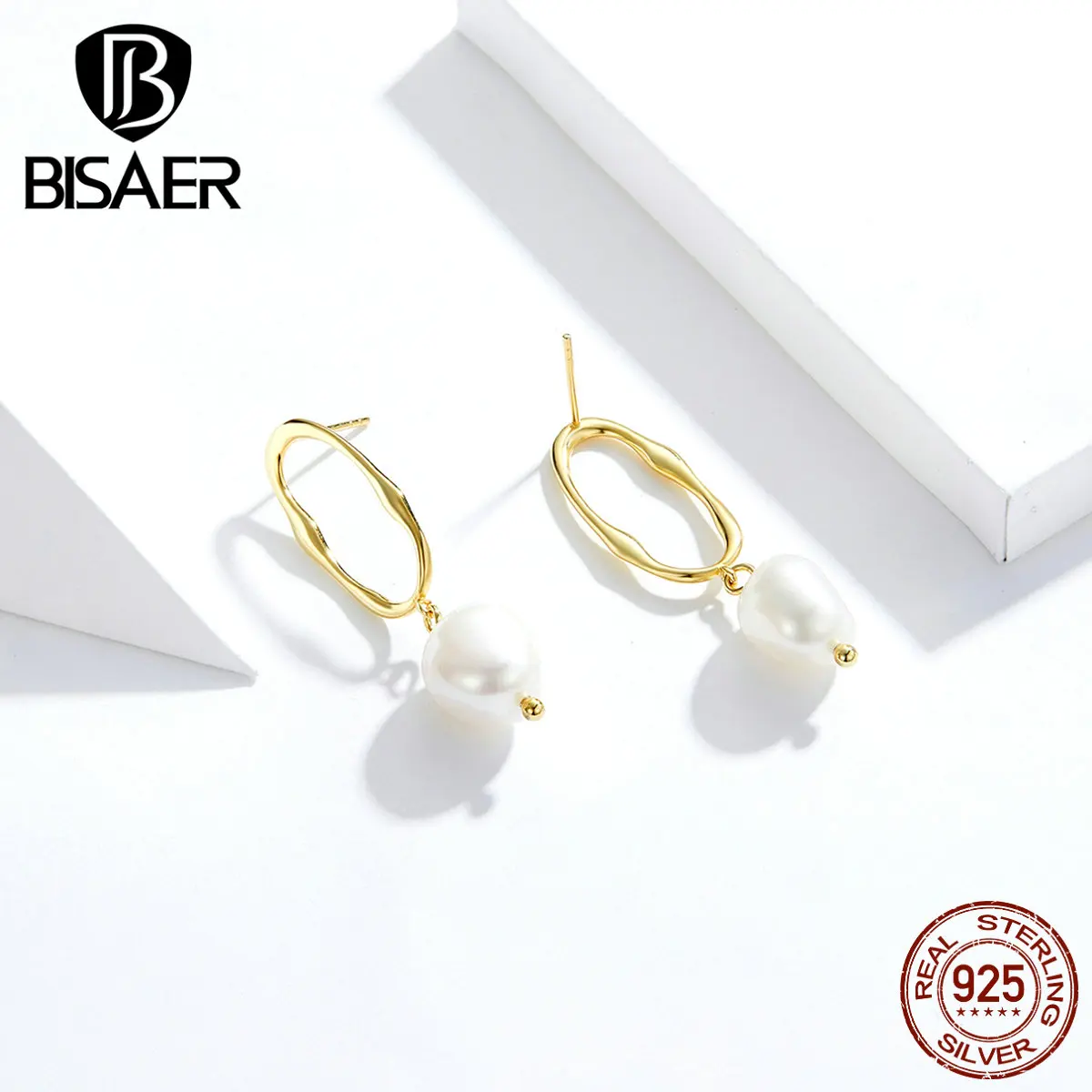 Элегантные серьги, BISAER, подлинные, 925 пробы, серебряные, свадебные, Пресноводный Жемчуг, женские серьги-гвоздики, Винтажные Ювелирные изделия ECE793