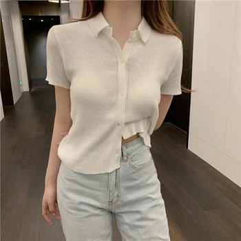 

2 colors 2020 summer crop tops soild color short sleeve slim turn down collar knitted t shirts womens tee shirt femme (R98257)