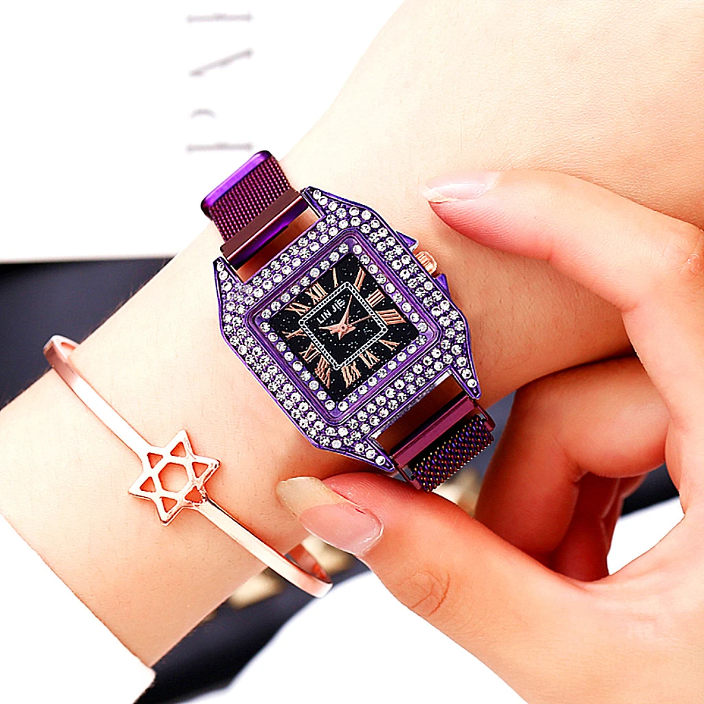 Women Magnet Buckle Square Case Shape Diamond Watch Luxury Ladies Stainless Steel Belt Quartz Watches Gift Clock