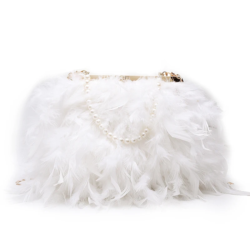 Зимняя сумка с принтом перьев, Ретро стиль, вечерняя сумка на плечо, темпераментная женская сумка на цепочке, сумка-мессенджер, металлическая полоска, сумка для банкета, свадьбы - Цвет: Белый