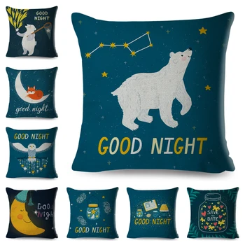 

Good Night Cushion Cover for Children Room Sofa Cute Cat Fox Owl Pillowcase Linen Lovely Cartoon Animal Pillow Case 45x45cm