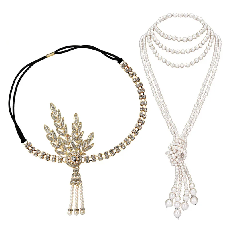 

Great Gatsby Accessories Set for Women 1920s Flapper Pearl Necklace Headband Leaf Headpiece Party Costume Jewelry