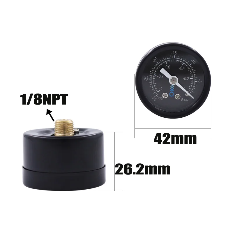 

Mini Air Thread 1/8NPT Vacuum Pressure Gauge 42mm Pressure Meter -1bar -30inHg Back Mount