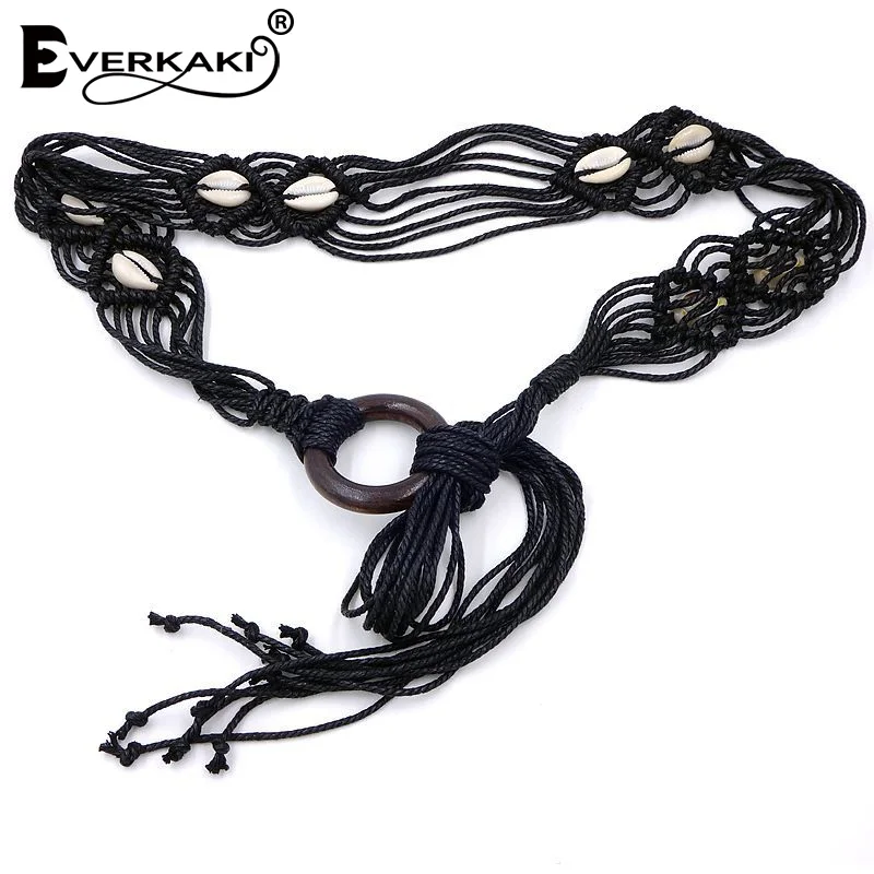 Everkaki Boho, Вощеная Веревка, вязаный пояс на талию, круглая деревянная Пряжка, одноцветные цыганские повседневные ремни для женщин, платье, джинсы, новинка
