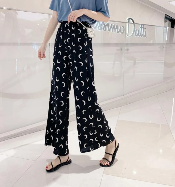 anchos con estampado de Luna y cintura alta para mujer|Pantalones y pantalones capri| - AliExpress
