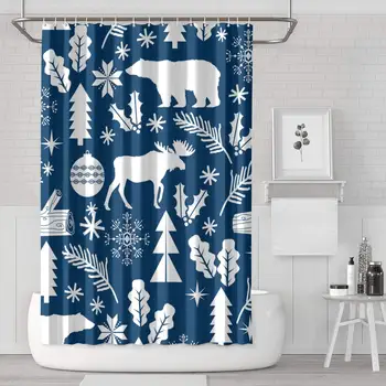 

Christmas Forest Bear Reindeer Navy Funny Shower Curtain with Hooks Bathroom Fabric Curtains - 72 X 72 Inch