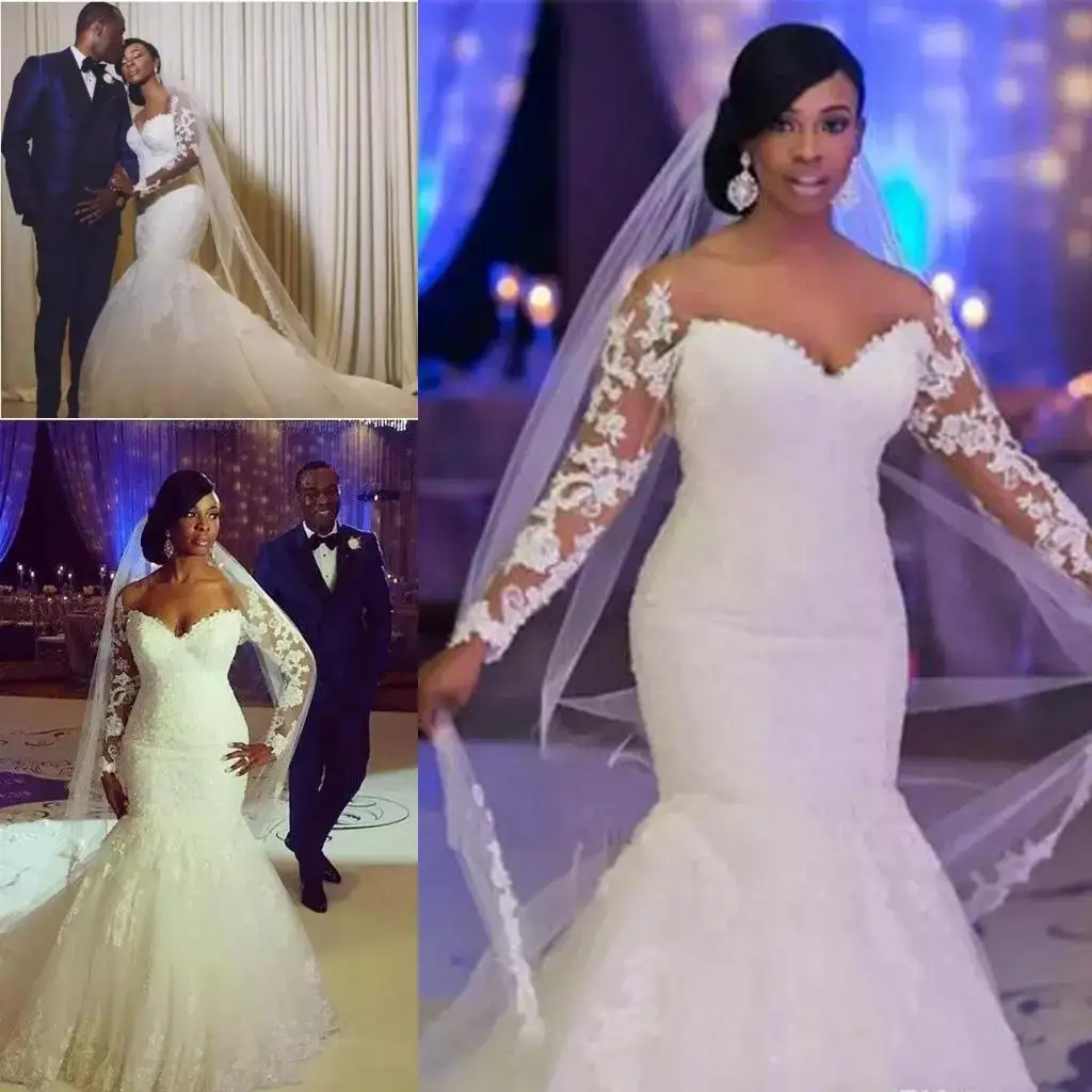

Женские свадебные платья с открытыми плечами и длинными рукавами, кружевные недорогие свадебные платья русалки по индивидуальному заказу