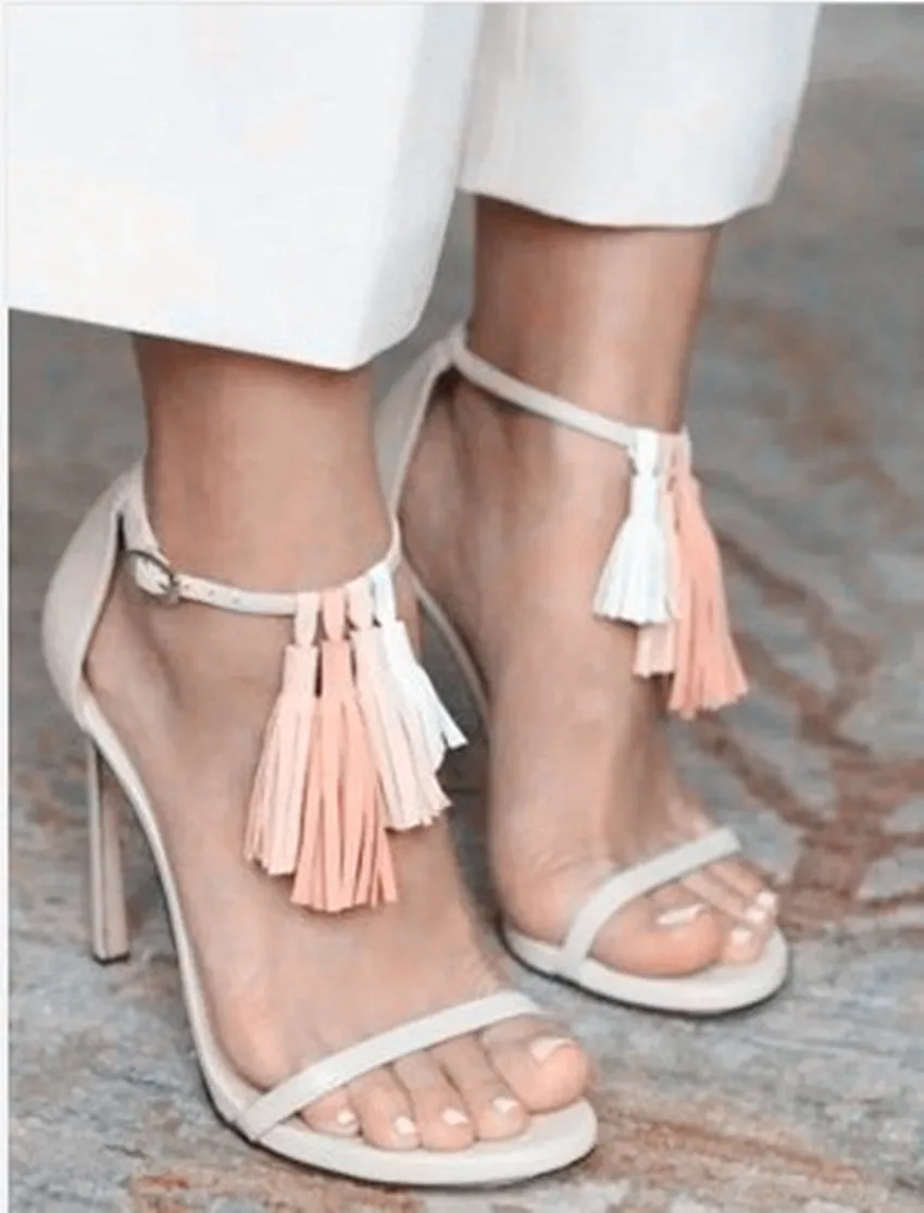 

Summer Eelegant Pink White Tassel Decor Sandals Ankle Strap Cutout High Heel Sandalias Woman Strappy Fringed Open Toe Shoes