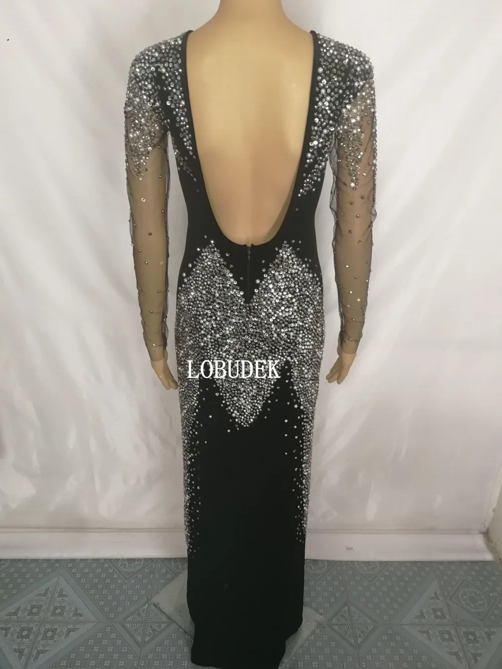 Sexy Backless Black Velvet Rhinestones Long Dress Lady Evening Prom Birthday Celebration Dresses Nightclub Singer Dancer Costume