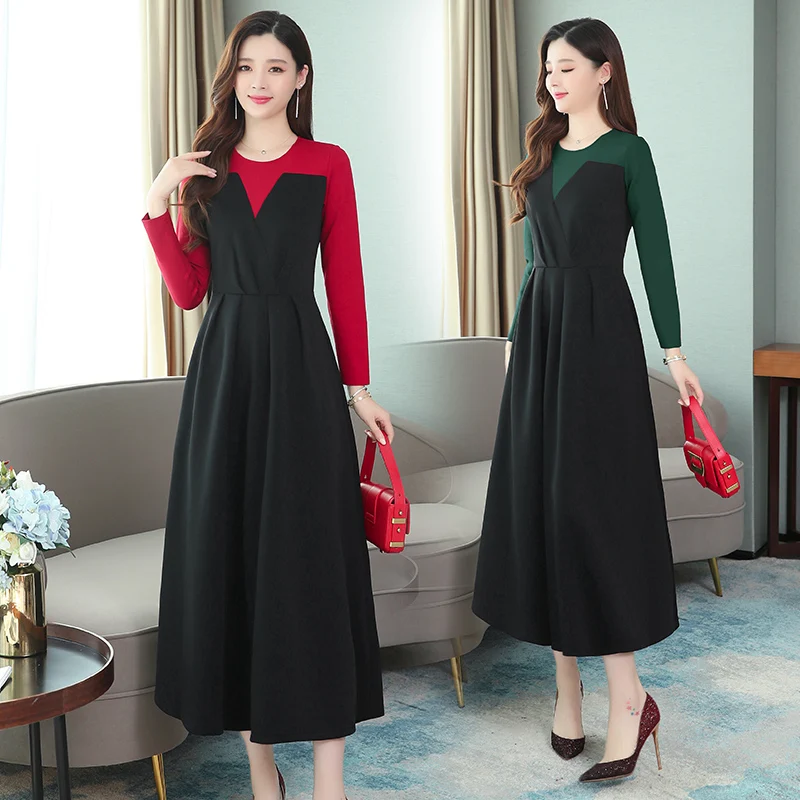 

Party Dress Long Sleeve Elegant Women Dress Stitching Color Maxi Dresses for Women Green Red Sexy Double Thicken Winter