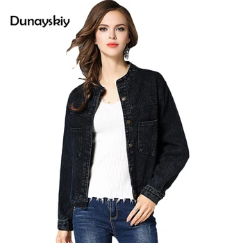 

Black Women Denim Bomber Jacket Stand Collar Autumn Spring Basic Slim Jackets Coats Female casaco feminino Lady Tops Dunayskiy