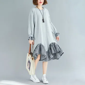 

Johnature 2020 New Parchwork Ruffles Dresses For Women Autumn Winter Casual Korean Loose Brushed Plaid Female Dress