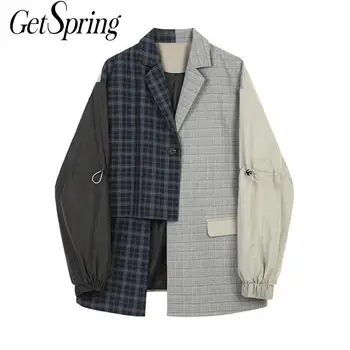 

Getspring Women Blazer Patchwork Irregular Plaid Women Blazers Jackets Asymmetry Color Matching Casual Suit Coats 2020 Fashion