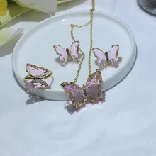 Pendientes de tuerca de mariposa de cristal para mujer, 14K, elegante de oro, Circonia cúbica delicada, collares de insectos, conjunto de anillos de joyería