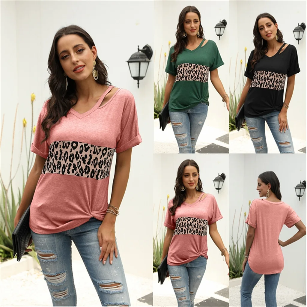 

Women's Independent Station Spring and Summer New Short-Sleeved Leopard Splicing Shirt T-shirt Popular Women's Clothing