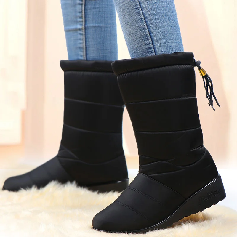 Водонепроницаемые зимние ботинки; женские ботинки до середины икры; меховая обувь с плюшевой подкладкой; модные черные женские ботинки с бахромой; botas mujer invierno