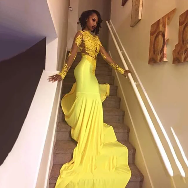 $US $89.99 Elegant Yellow Long Sleeve Mermaid Prom Dress 2020 Illusion Sexy V-neck Back Long Evening Dress robe de soiree