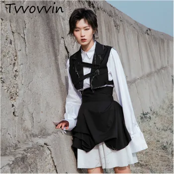 

TVVOVVIN 2019 New Spring Summer High Waist Short Hit Color Pleated Spliced Irregular Women Fashion Tide All-match C615