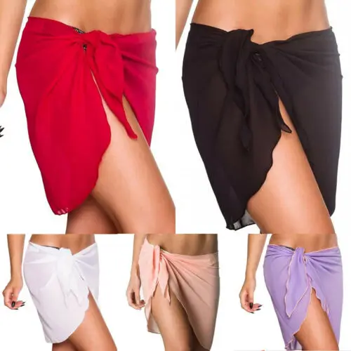 Women Beach Bikini Cover Up Solid Color Pareo Chiffon Wrap Skirt Sarong Scarf Beachwear Bathing Suit Beachwear Swimsuits
