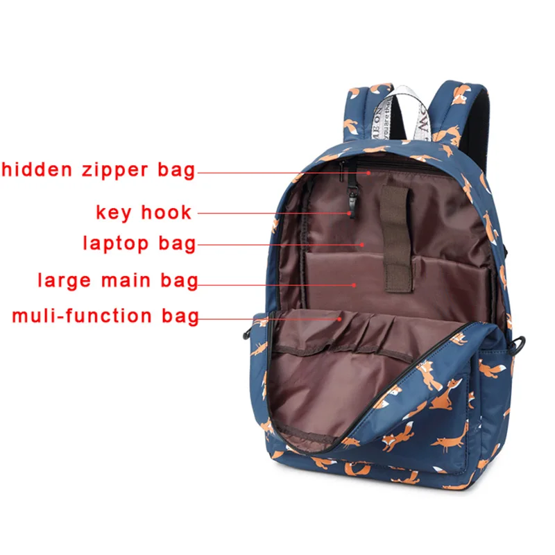 ABDB-Waterproof Bag Korean Version Of the Large-Capacity Campus Backpack New Student Backpack Cute Fox Print Backpack