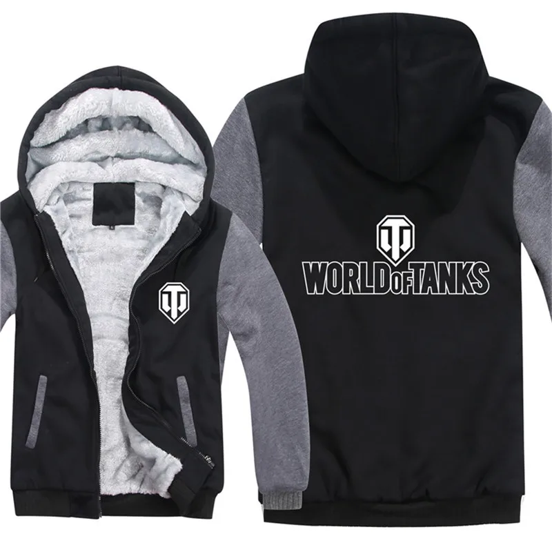 Модные новые зимние толстовки с капюшоном на молнии, куртки, пальто WORLD TANKS, Аниме игры, принт, утолщенная Теплая мужская Толстовка