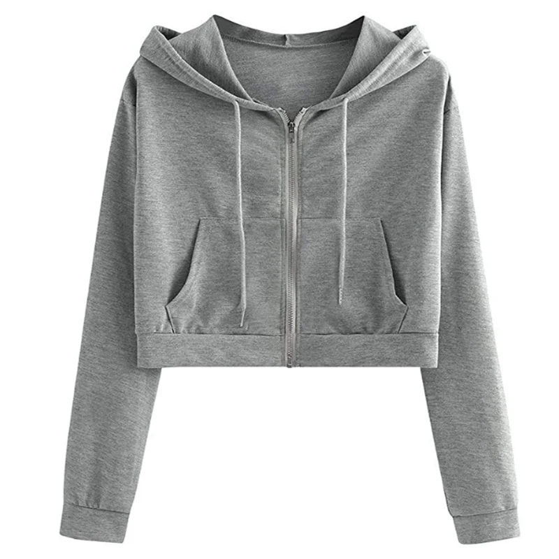 

Women Hoodies Basic Lightweight Pullover Hoodies Teen Girls Crop Tops Long Sleeve Zip-Up Sweatshirt With Pocket