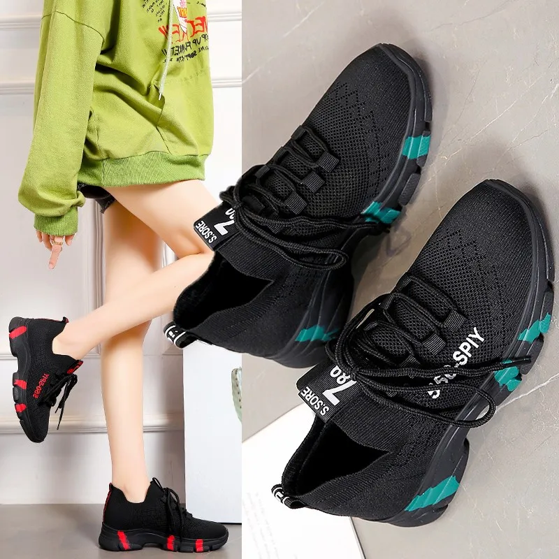 

Women's outdoor casual sports shoes breathable flying woven 2020 fashion black wild running shoes thick bottom shock absorption