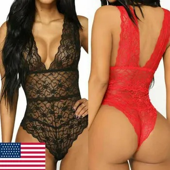 

Women's Sexy Lace Floral Lingerie Bodysuits Nightwear Underwear G-string Deep V Neck Babydoll Catsuit Lingerie Sexy Hot Erotic