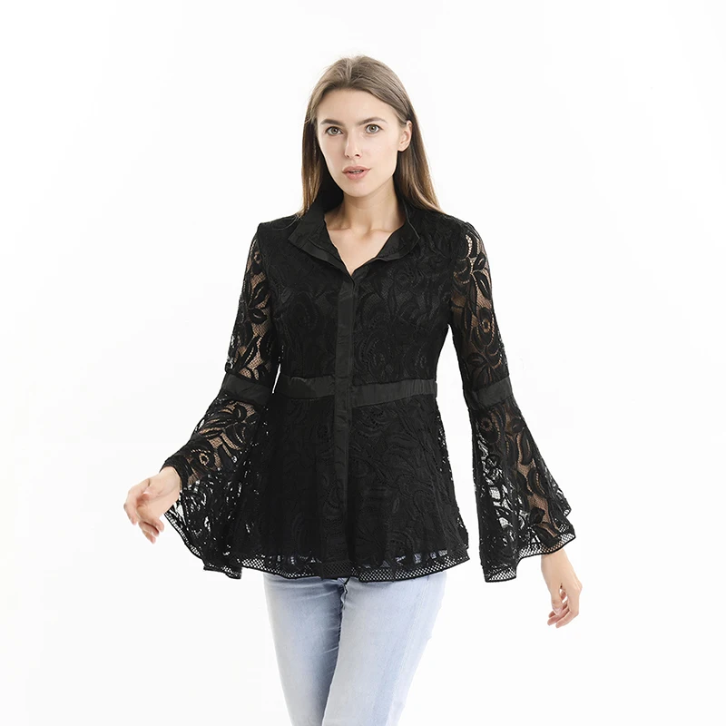 Women Lace Sexy Hollow Out Flared Sleeve Blouses Lady Black Patchwork Print Shirts Blusas Mujer De Moda